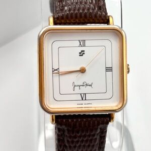 Vintage Jacques Farel watch, Swiss made, 27mm size case, 7in seize leather band.